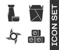 Set Sushi, Traditional Japanese tea ceremony, Japanese ninja shuriken and Rstaurant opened take out box filled icon