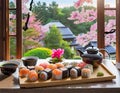 Set of sushi with a view of cherry blossoms