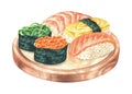 Set of sushi. Watercolor illustration. Susi with salmon, egg, shrimp and gunkans with caviar, chuka seaweed. A plate of