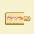 Set of sushi on wooden cutting board with tuna, shrimp, and tai sushi, cooking asian food concept