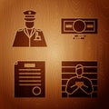 Set Suspect criminal, Police officer, The arrest warrant and Stacks paper money cash on wooden background. Vector