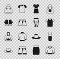 Set Sweater, Woman dress, T-shirt, Short or pants, Christmas mittens, Handbag and Leggings icon. Vector Royalty Free Stock Photo