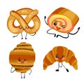 Set of sweet bakery characters. Croissant, bagel, bun and biscuit roll