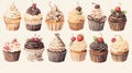 Set of sweet bakery decorated cupcakes, hand drawn illustration. Cupcake variety illustration on white background. Assortment of