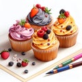 Set of sweet bakery decorated cupcakes, hand drawn sketch. Colorful cupcake assortment. Cupcakes illustration on white background
