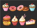 Set of sweet bakery. Vector glazed donuts, cheesecake and cupcakes with cherry, strawberries and blueberries. Desert for menu,