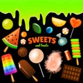 Set of Sweet candies Halloween. decorated elements. Traditional october holiday. Vector colorful Swirl caramel lollipop Royalty Free Stock Photo