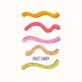 A set of sweet chewable candies. Jelly worms. Marmalades in the form of worms. Flat vector graphics. Royalty Free Stock Photo