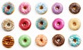 Set of sweet colored donuts on a white background top view flat lay. Generative Ai