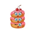 Set of sweet donuts with eyes. Vector pink glazed donuts with cherry and powder isolated on white. Cartoon Food Character Emoji.