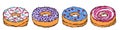 Set of Sweet Donuts with Pink, Blue, Violet Sugar Glaze and Stars Confetti Topping. Pastry Shop, Confectionery Design. Round Dough