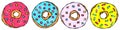 Set of Sweet Donuts with Pink, Blue, Yellow Sugar Glaze and Stars Confetti Topping. Pastry Shop, Confectionery Design. Round Dough