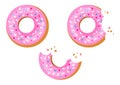 Set of sweet donuts with pink glaze, bitten donut. Vector illustration