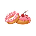 Set of sweet donuts. Pink glazed donuts with cherry and powder isolated on white. Desert for menu, advertising and banners. Food
