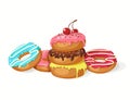 Set of sweet donuts. Vector glazed donuts with cherry, chocolate chips, powder isolated on white. Desert for menu, advertising