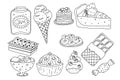 Set of sweet food in hand drawn doodle style. Vector illustration isolated on white.