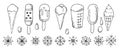 Set of sweet ice cream. Summer treat. Snow snowflakes. Outline sketch. Hand drawing isolated on white background. Vector
