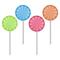 Set of 4 sweet realistic colorful lollipops on white background. Sweet lollipops of round shape. Vector illustration