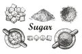 Set sweet refined crystal sugar and sugar in bulk white background. Ingredient for coffee, tea. Sugar in sugar bowl