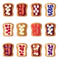 Set sweet toasts. Cartoon isolated slices of toasted cereal bread with fruits and berries, marshmallow for breakfast. Toasted Royalty Free Stock Photo