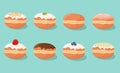 Set of sweet donuts doughnuts with different fillings, toppings and flavors. Vector illustration.