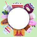 Set of sweets blueberry desserts icon. Round banner concept and wild berry dessert for web.