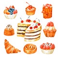 Set of sweets, cakes, bake, hand painted watercolor vintage illustration Royalty Free Stock Photo