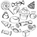 Set of sweets and candies, black and white line art isolated on white background. Vector desserts design elements