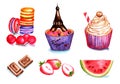 Set of cakes, fruits. Watercolor illustration