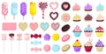 set of sweets, cookies, cupcakes, ice cream, waffles, marshmallows on sticks, lollipops, meringue for Valentine\'s Day