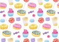 Set of sweets with donuts, candy, capcake, lollipop, chupa chups, macaroons and cup of coffee. Colorful watercolor pattern.