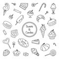 Set of sweets. Editable outline dessert icons. Collection of muffins, cakes, candies, cupcakes, ice cream, lollipops