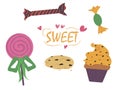 A set of sweets for a holiday from a pastry shop: lollipop, cupcake, candy and sweetmeats, cookies. sweet gift for birthday