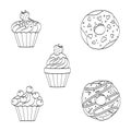 Set with sweets, simple donuts and cupcakes with decoration and cream. Black outline on white background, sweet sketch