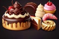 A set of sweets. Sweet pastries, cake, sweets, desserts. A collection of delicious, high-calorie food. Illustration