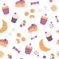 Set of sweets for tea or coffee. Cupcakes, candies, cookies. Vector seamless pattern
