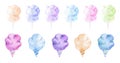 Set of sweets: colorful cotton candies in a sticks and in a cones watercolor illustration Royalty Free Stock Photo