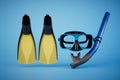 Set of swim fins, mask and snorkel for diving isolated on blue background. 3d render Royalty Free Stock Photo