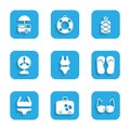 Set Swimsuit, Suitcase, Glasses, Flip flops, Electric fan, Pineapple and Fast street food cart icon. Vector