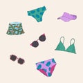 A set with swimsuits and a panama hat. Beachwear Bikinis, sunglasses, hats, swimwear. Illustrations of a summer Royalty Free Stock Photo