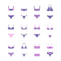 Big set of summer fashion swimsuit. Minimalistic simplified vector illustration. Swimsuit for beach. Two-piece swimsuits Royalty Free Stock Photo