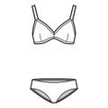 Set of swimwear lingerie - soft cup bra and hipsters panties technical fashion illustration. Flat brassiere knickers