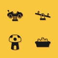 Set Swing car, Sandbox with sand, Mushroom house and Seesaw icon with long shadow. Vector Royalty Free Stock Photo