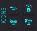 Set Swing plane, Seesaw, Mushroom house and car icon. Black square button. Vector