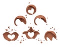 Set of swirl circle chocolate or coffee waves or flow splashes, pouring twisted hot melted milk chocolate sauce or syrup, cocoa