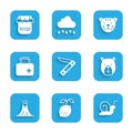 Set Swiss army knife, Lemon, Snail, Bear head, Volcano eruption, First aid kit, Tiger and Hiking backpack icon. Vector