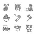 Set Swiss army knife, Monkey, Binoculars, Wooden axe, Safari car, Camping hat, Hunter boots and Lemon icon. Vector Royalty Free Stock Photo