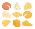 Set of swiss cheeses vector flat illustration. Gouda, Parmesan, Brie, Roquefort or Maasdam cheese.