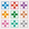 Set of Swiss Pharmacy Icons with Caduceus Symbol in Mixed Colors - Swiss Cross Symbols in Squares