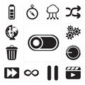 Set of Switch, Video player, Pause, Infinity, Fast forward, Volume control, Garbage, Settings, Worldwide, editable icon pack